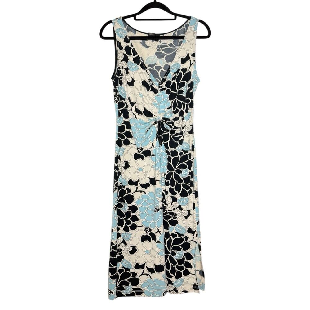 Y2K Vintage BCBG Max Azria Blue Cream Black Floral V Neck Sleeveless Dress - M